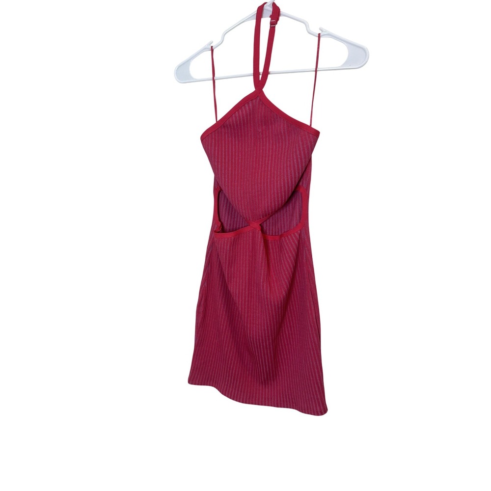 Zara Dress Womens Medium Pink Striped Halter Cutout Ribbed Knit Mini Party